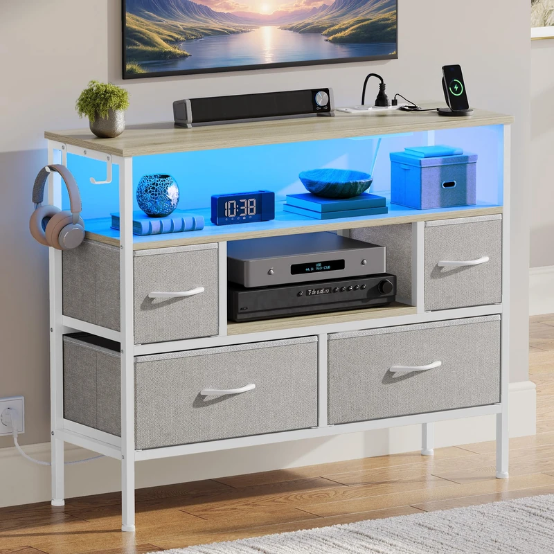 YITAHOME Chest of Drawers with Sockets & LED Lights, Fabric Chest of Drawers with 4 Drawers & 2 Hooks, Suitable for Televisions up to 32 Inches, Light Grey - Image 1