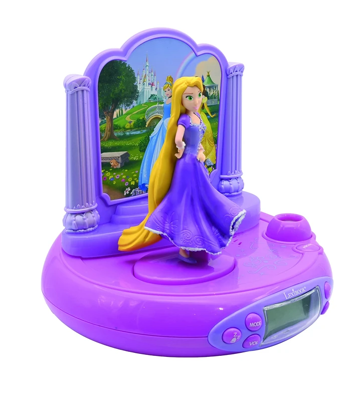 LEXIBOOK Disney Princess Rapunzel Projector Radio clock, built-in night light, time projection onto the ceiling, sound effects, battery-powered, Pink/Purple, RP515DPLXB