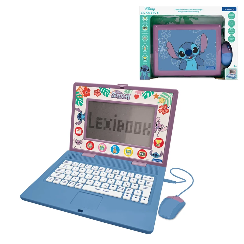 LEXIBOOK, Disney Stitch, Bilingual and Educational Laptop ENGLISH/SPANISH, Toy for Children, 170 Activities to Learn, Play Games and Music, Large Screen, Blue, JC599Di2LXB