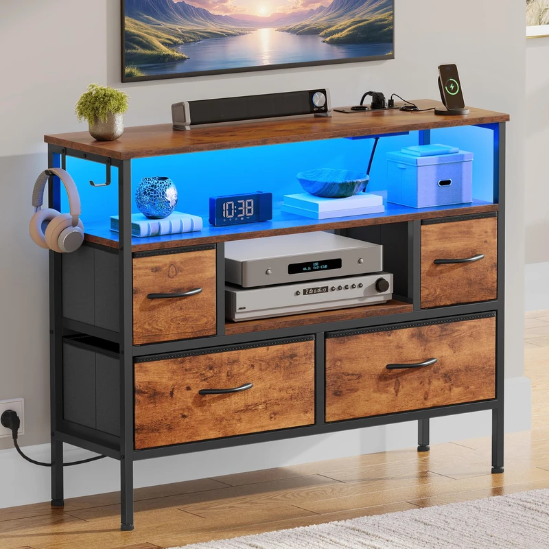 YITAHOME Chest of Drawers with Sockets & LED Lights, Fabric Chest of Drawers with 4 Drawers & 2 Hooks, Suitable for TVs up to 32 Inches, Rustic Brown - Image 1