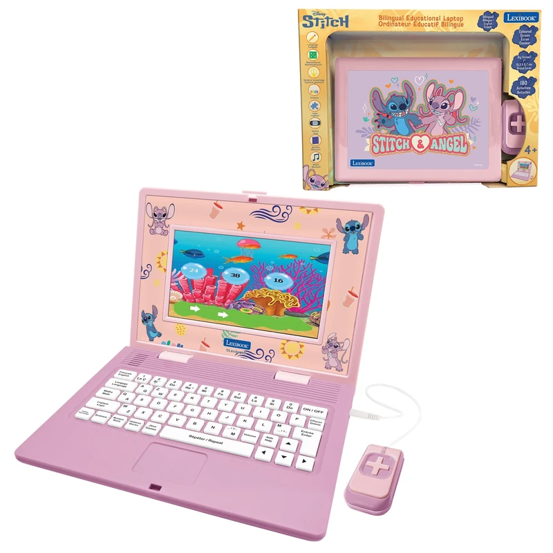 LEXIBOOK, Disney Stitch, Bilingual Educational Computer French/English Angel, 180 activities with 7” color screen, Pink, JC899D1i1LXB