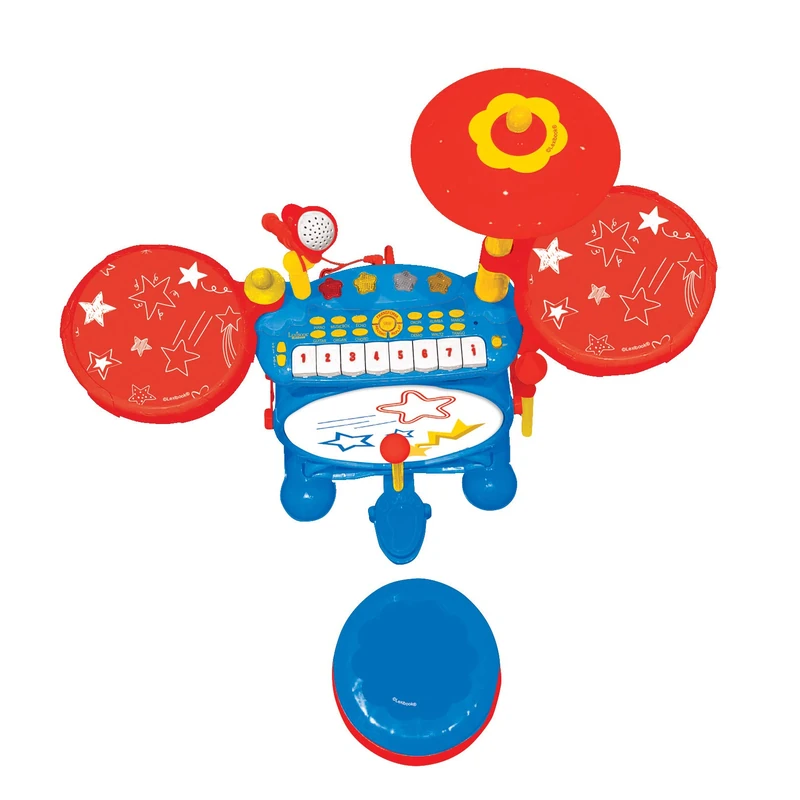 LEXIBOOK Electronic Drum Set for children, musical toy game, realistic drum sound, 8-keys keyboard, MP3 plug, seat included, blue/red, K610LXB