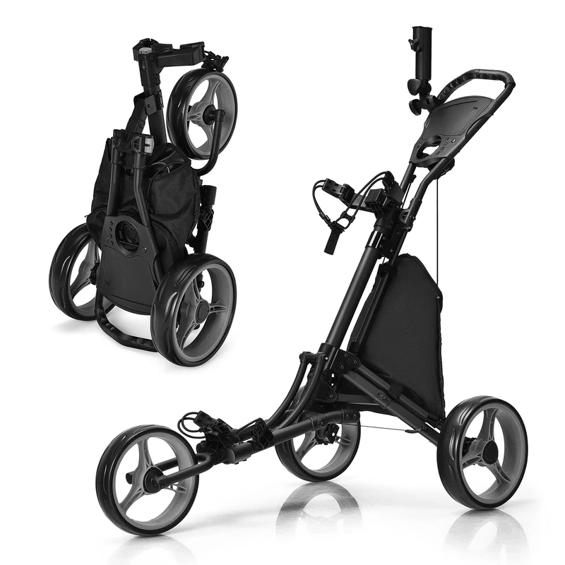 GYMAX 3 Wheels Golf Push Pull Cart, Lightweight Height Adjustable Golf Trolley with Storage Bag, Foot Brake, Umbrella Holder and Built-in Cooler, Foldable Golf Bag Holder (Gray)