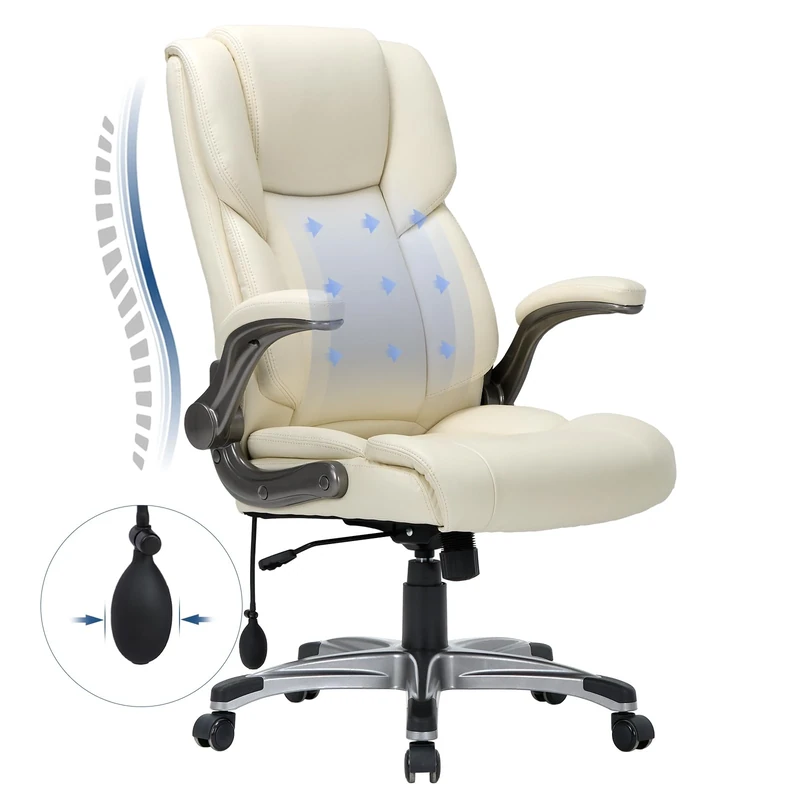 COLAMY High Back Executive Office Chair- Ergonomic Home Computer Desk Leather Chair with Padded Flip-up Arms, Adjustable Tilt Lock, Swivel Rolling for Adult Working Study, Ivory