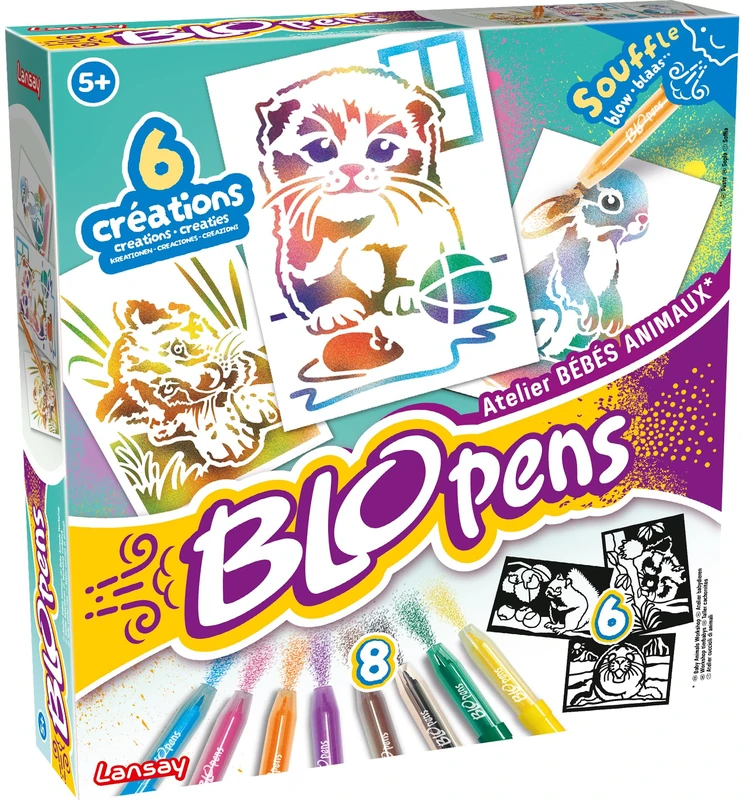 Lansay – BLOPENS Atelier Bébés Animaux – Creative Kit for Children from 5 Years Old - 8 Airbrush Effect Felt-tip pens, Reusable Stencils – Drawing & Coloring Set – Creative Leisure Activity
