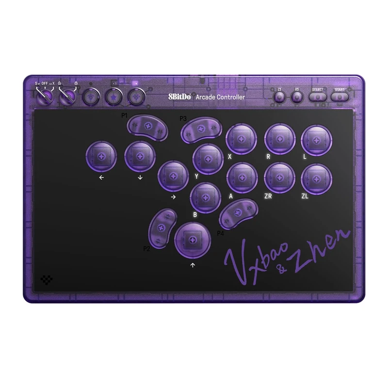8BitDo All-Button Arcade Controller for Switch & Windows – 3 Connection Modes, Low-profile Linear Switches, 4 Programmable Buttons, Hot-swappable PCB - Transparent Purple Signature Edition