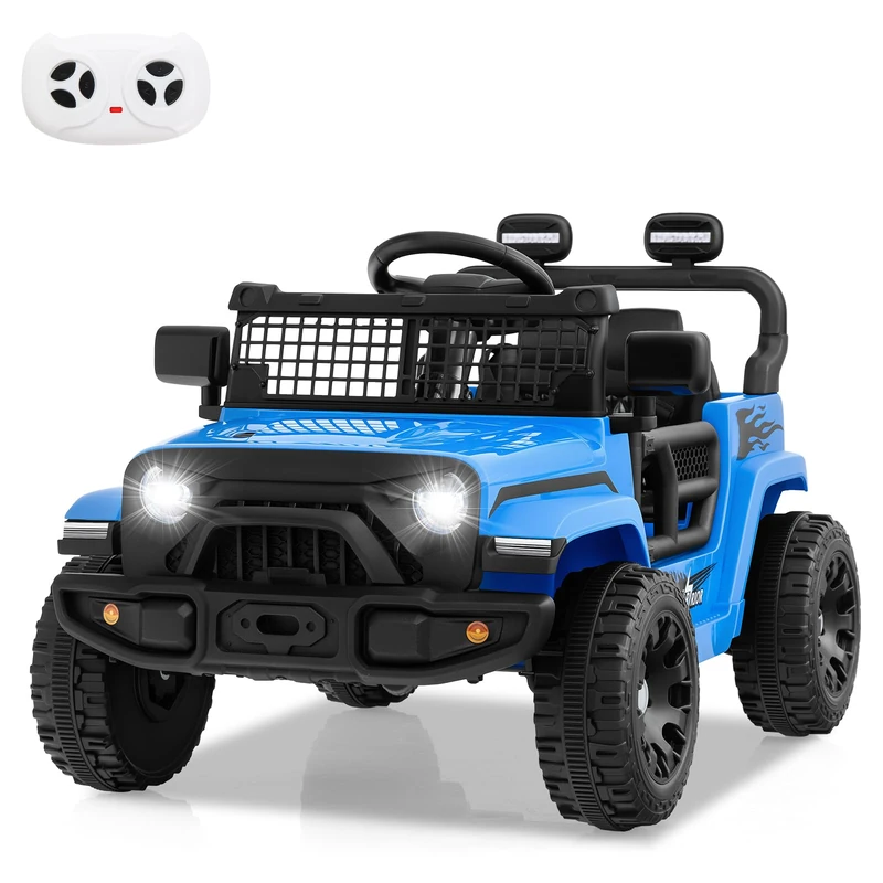 GYMAX Kids Ride on Car, 12V Battery Powered Toy Car with Remote Control, Lights, Music, Horn and Slow Start, Children Electric Off Road Truck for 3 Years Old+ (Blue)