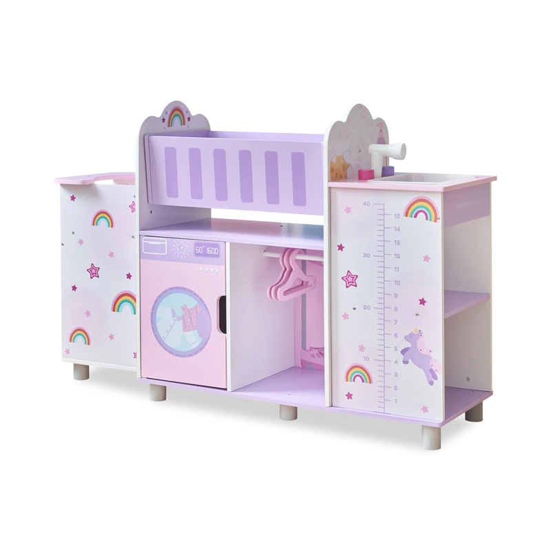 Olivia’s Little World Fantasy Care Doll Nursery 6-in-1 Unicorn Themed Baby Station with Cradle, Washer, High Chair, Sink & Closet with 3 Wooden Hangers for Pretend Play, for Girls Ages 3 and Up