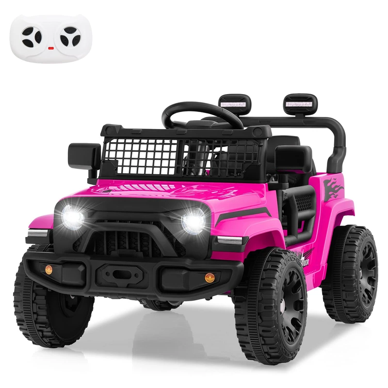 GYMAX Kids Ride on Car, 12V Battery Powered Toy Car with Remote Control, Lights, Music, Horn and Slow Start, Children Electric Off Road Truck for 3 Years Old+ (Pink)