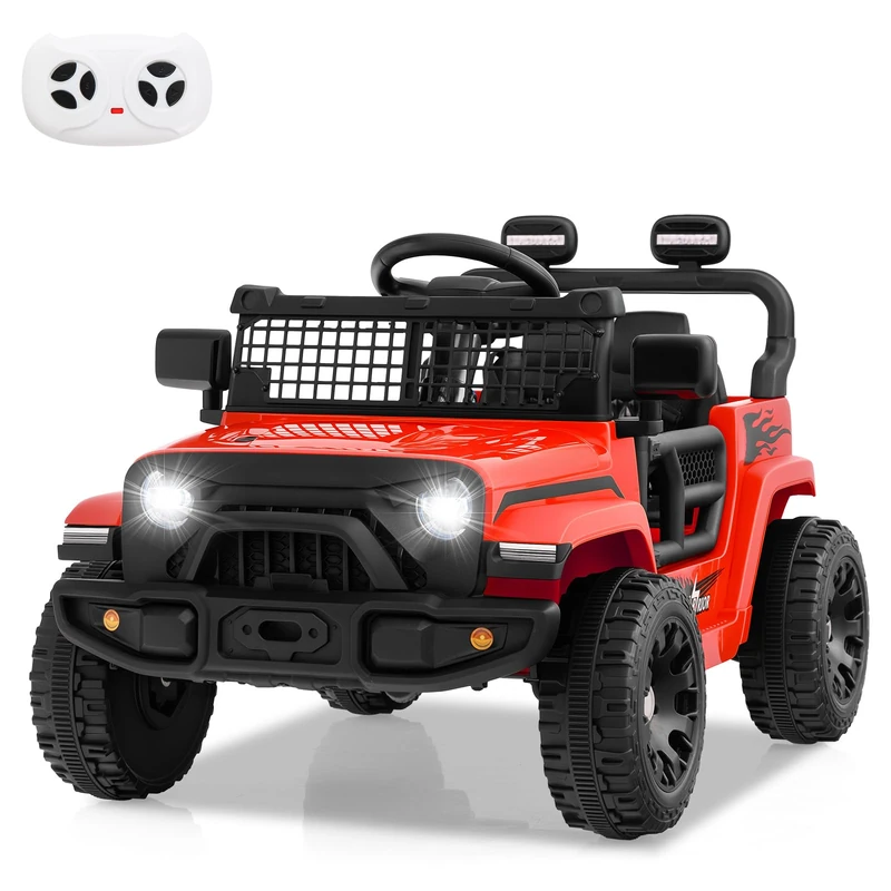 GYMAX Kids Ride on Car, 12V Battery Powered Toy Car with Remote Control, Lights, Music, Horn and Slow Start, Children Electric Off Road Truck for 3 Years Old+ (Red)