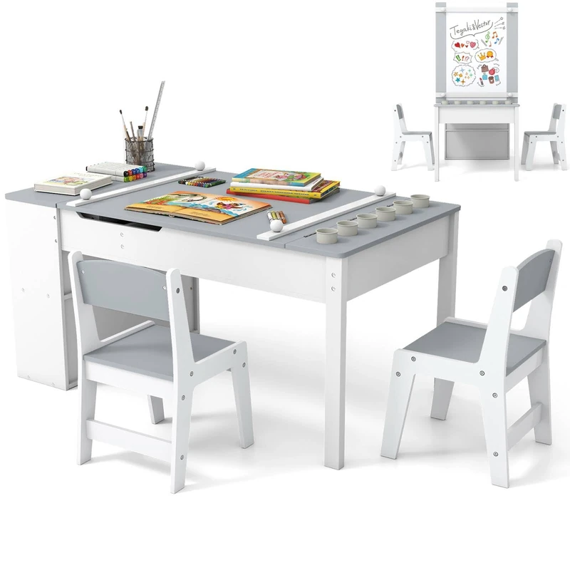 GYMAX 2 in 1 Kids Table and Chairs Set, Wooden Children Art Table with 2 Chairs, 6 Storage Boxes, Paper Roller & Shelves, Toddler Activity Table Set for Drawing (Grey+White, 6 Cups: 109 x 60 x 53cm)