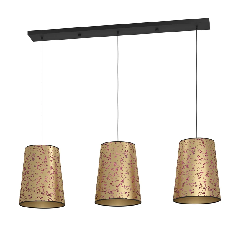EGLO Castuera Pendant Light, 3-Bulb Pendant Light Over Dining Table, Metal Dining Room Lamp in Black and Paper in Gold with Rose Petals, Pendant Light with E27 Socket, 130 cm - Image 1