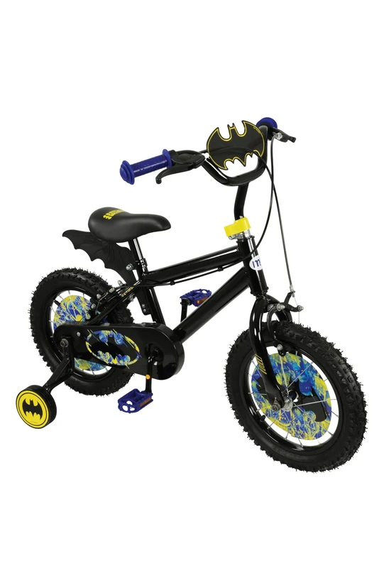 Batman Offical 14" Inch Kids Bike with Bat Fin! | Boys or Girls Bicycle with Removable Stabilisers and Adjustable Handlebars and Seat | Black Superhero Cycle