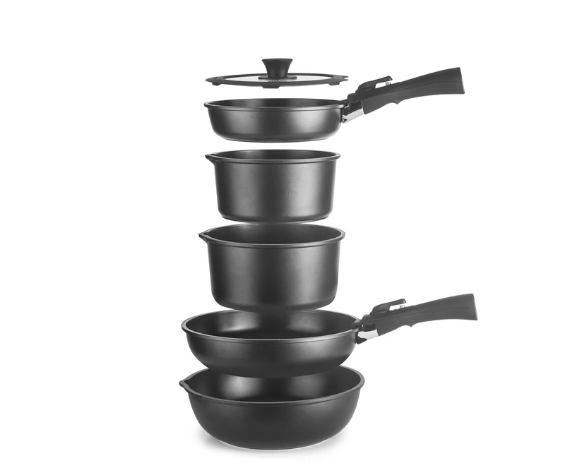 IBILI - Set of 9 Kompakto Drumsticks, Frying pan 20-26 cm, deep Frying pan 26 cm, Saucepan 18-20 cm, lid 20-26 cm, 2 Removable Handles, Free of PFAS, cast Aluminium, Stackable, Easy to Store - Image 1