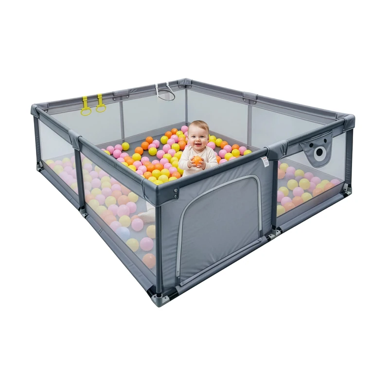 Relaxdays Baby Playpen, 200 x 200 cm, Safe Play Area with Balls & Rings, Oxford Fabric, Grey