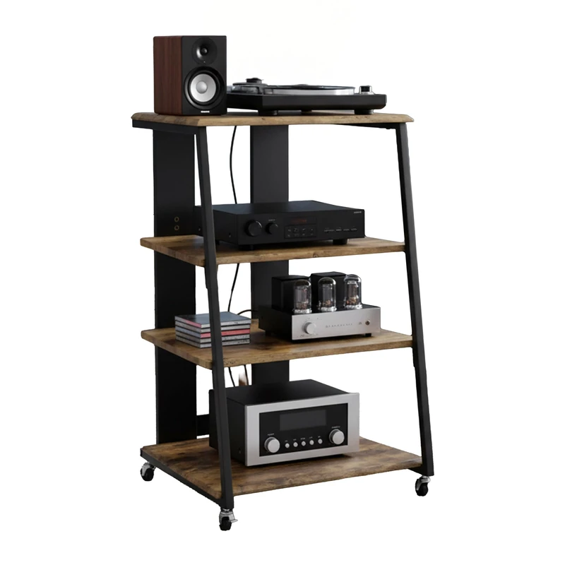 Relaxdays HiFi Rack for Turntables, 4 Levels, Iron & MDF, 78x61x52 cm, Industrial Multimedia Shelf, Brown/Black