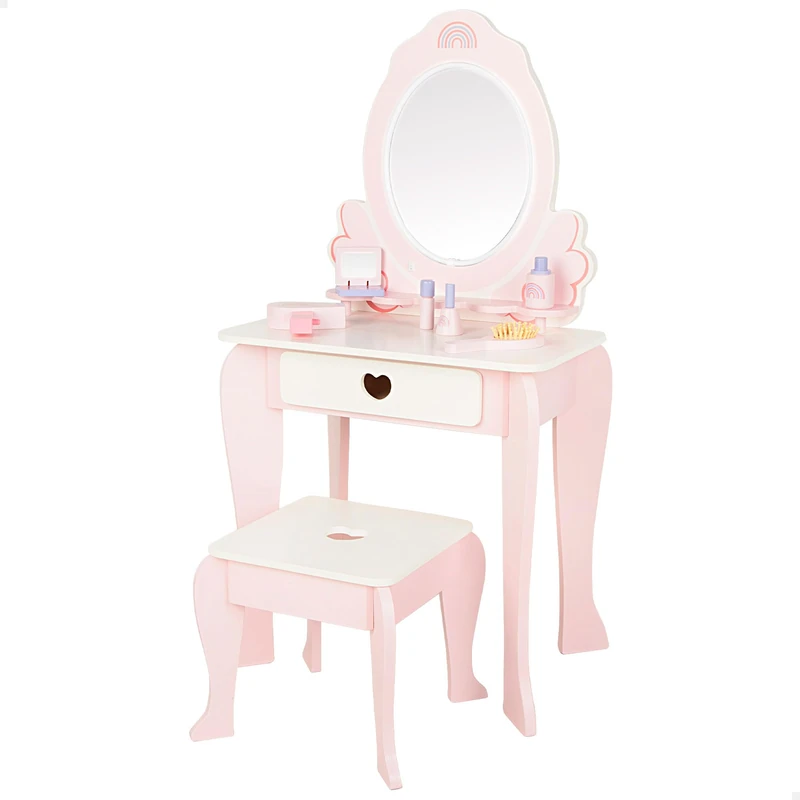 WOOMAX Makeup Vanity for Girls, Wooden Stool, Mirror with Light, 48 x 32 x 92 cm, Pastel Colours, Includes Accessories, Children's Dressers, Interactive Accessories, Toys Children 3 Years (39116)