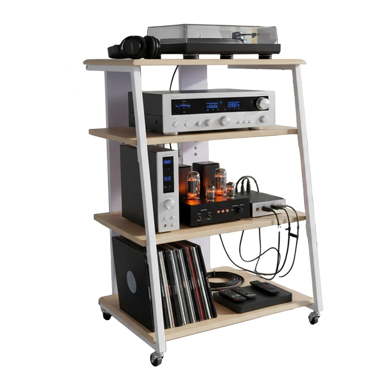 Relaxdays Hi-Fi Rack with 4 Shelves for Turntable & Stereo, Metal & MDF, 78x61x52 cm, Natural/White