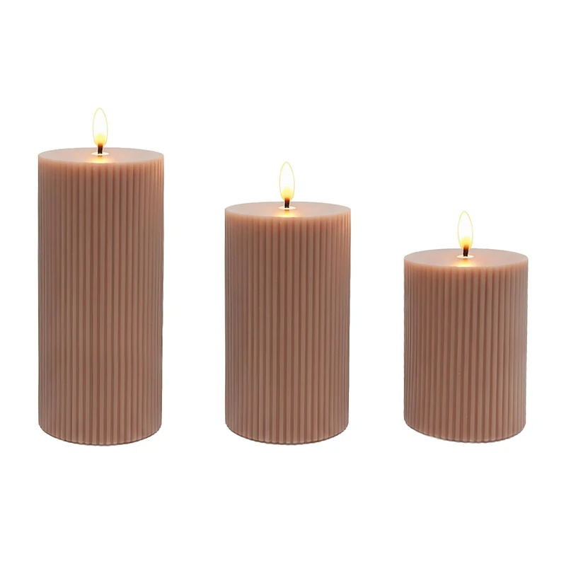 Relaxdays LED Candles, Set of 3, 3 Sizes, Flickering Flame, Real Wax, with Grooves, Flameless Electric Candles, Dusky Pink