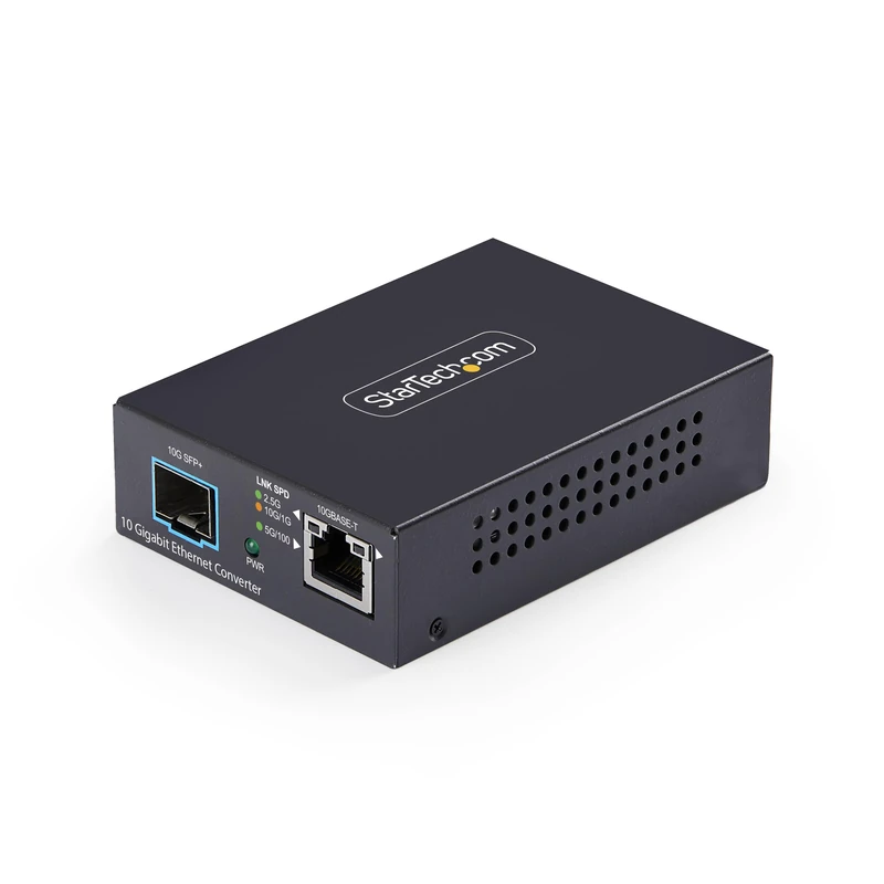 StarTech 10GbE Multi-Gigabit Open SFP+ Fiber Media Converter, 10G/5G/2.5G/1G/100M, Copper to 10GBASE-X SFP+, TAA