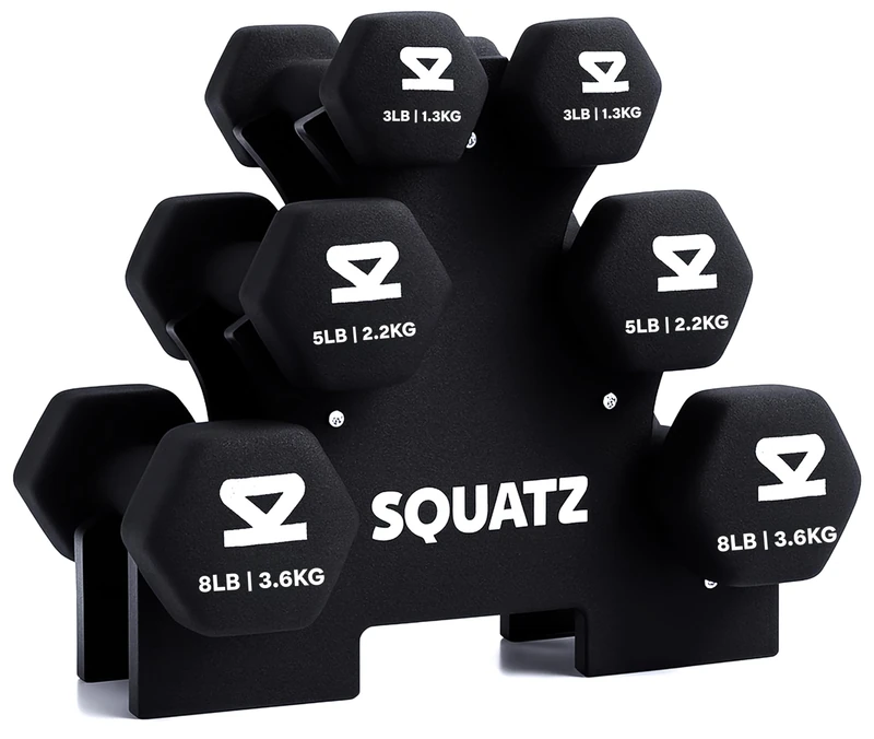 SQUATZ Dumbbells Set Hand Weights, Neoprene Weights Set 1.4 kg 2.3 kg 3.6 kg Black with Stand – Anti-Roll Anti-Slip Grip for Home Gym, Strength Training and Fitness - Image 1