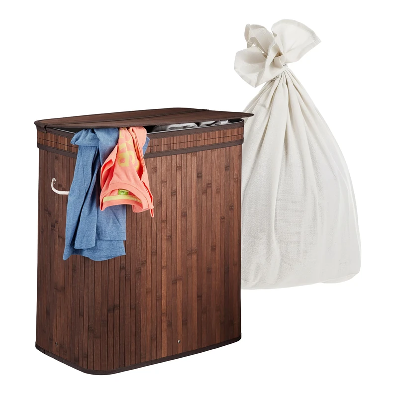Relaxdays Bamboo Laundry Basket with Lid, 3 Compartments, Foldable, 105L, Dark Brown, 63x52x32 cm