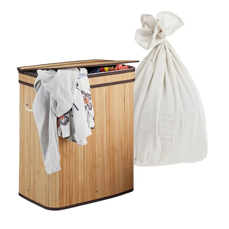 Relaxdays Laundry Basket with Lid, 3 Compartments, Bamboo, Foldable, 105L, 63x52x32 cm, Natural Finish
