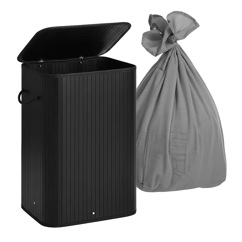 Relaxdays Laundry Basket with Lid, 2 Compartments, Bamboo, Foldable, 105L, 63x52x32cm, Black