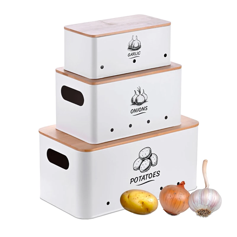 Relaxdays Storage Box Set of 3 for Potatoes, Onions, Garlic, Metal, White, 19 x 33 x 15 cm