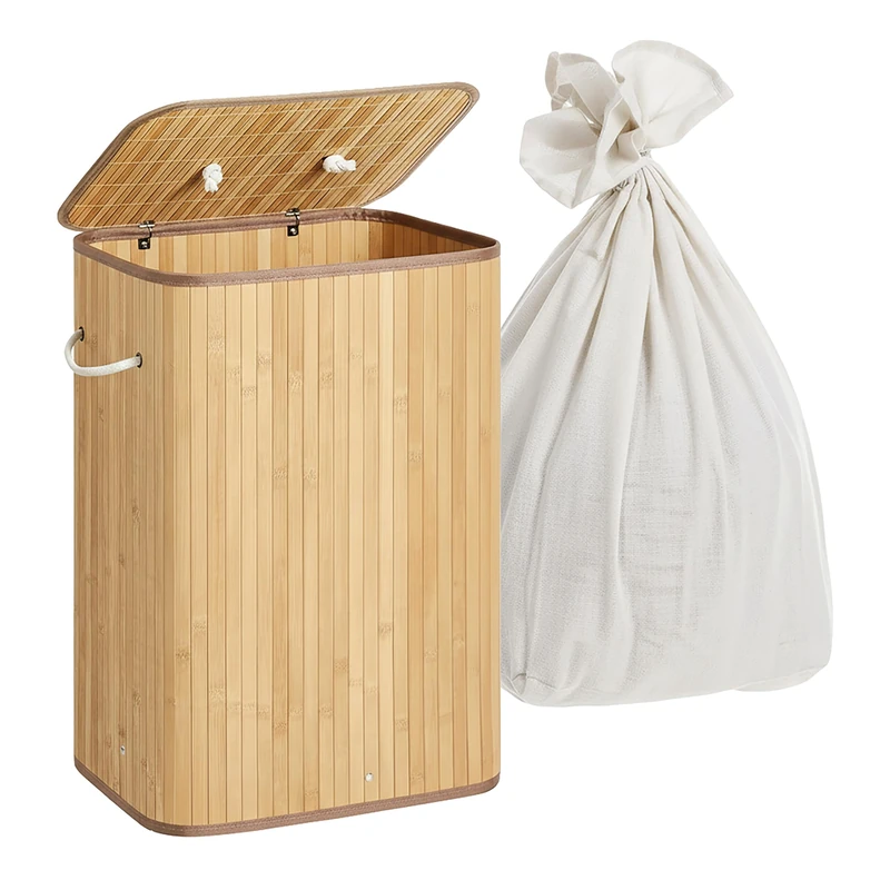 Relaxdays Bamboo Laundry Basket with Lid, 2 Compartments, Foldable, 105L, Natural, 63x52x32cm