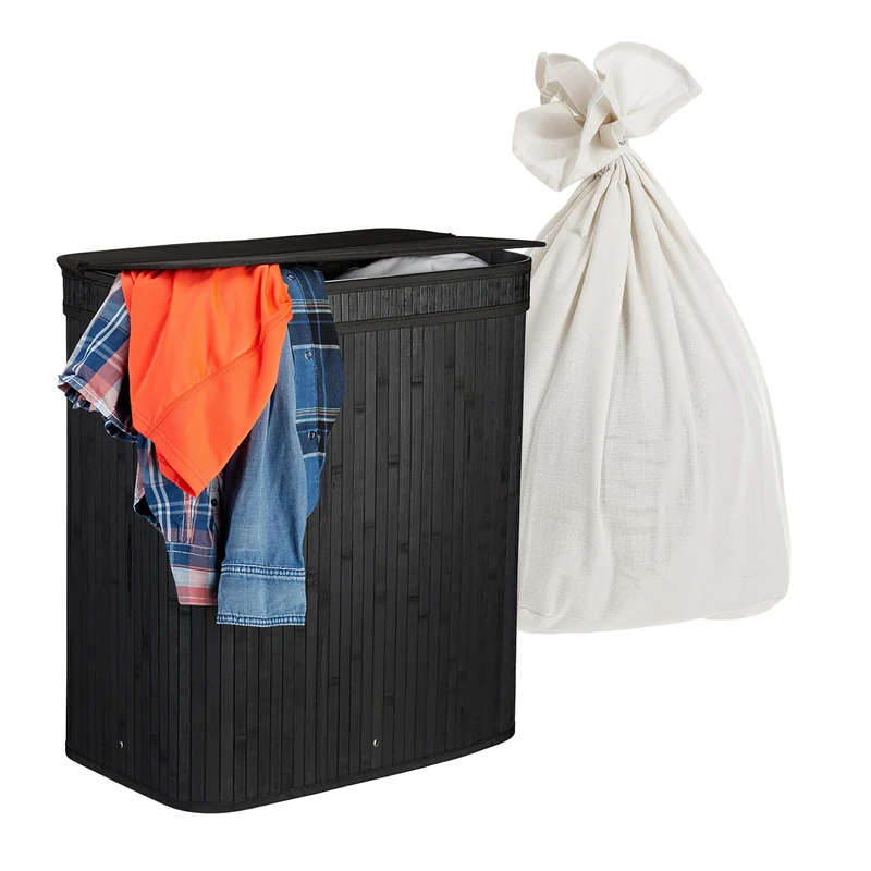 Relaxdays laundry hamper with lid, 3 compartments, bamboo, 105L, foldable, 63x52x32cm, black