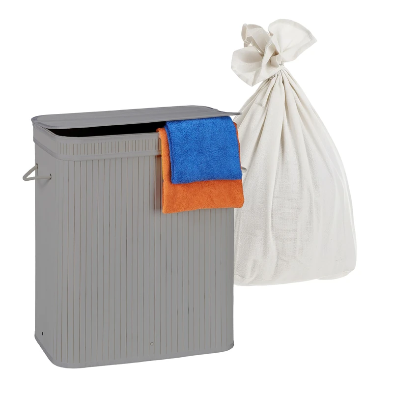 Relaxdays Laundry Hamper with Lid, 2 Compartments, Bamboo, 100L, Foldable, 60x52x32cm, Grey