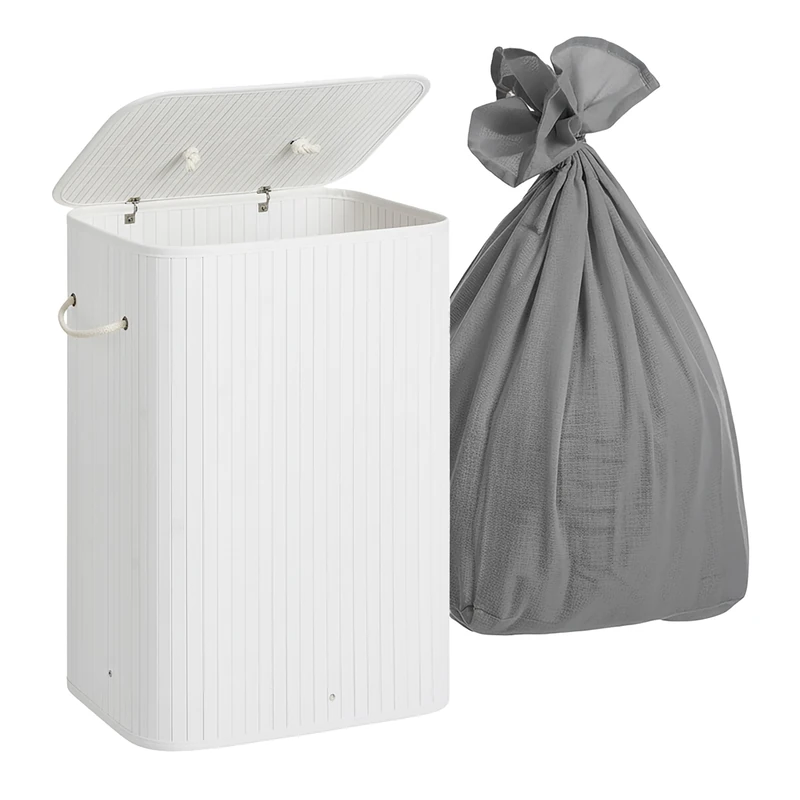 Relaxdays Laundry Basket with Lid, 2 Compartments, Bamboo, 105L, Foldable, 63x52x32cm, White