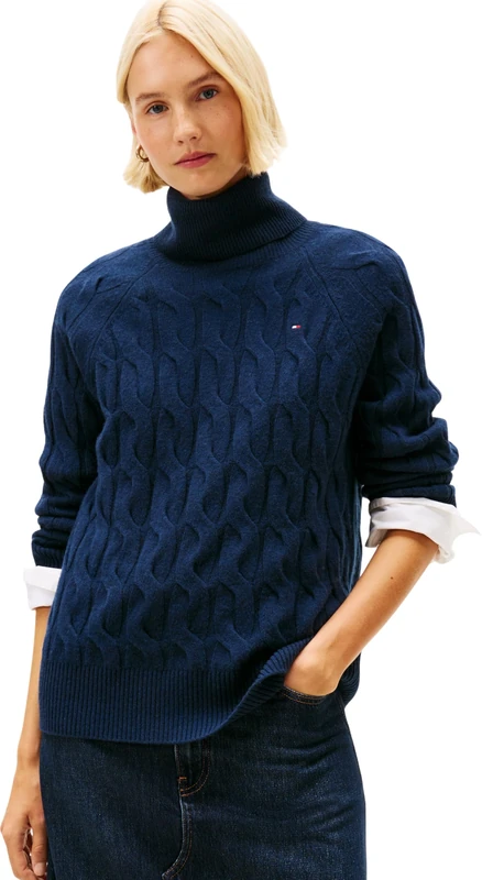 Tommy Hilfiger Women Soft Wool Cable Roll-Nk Ls SWT WW0WW46791 Pullover Sweater, Blue (Dark Blue), XL