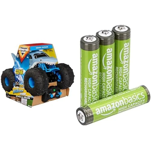 Monster Jam Megalodon Storm RC, 1:15, amphibious, 4+ years, & Amazon Basics AAA Rechargeable 4 pack, 850mAh