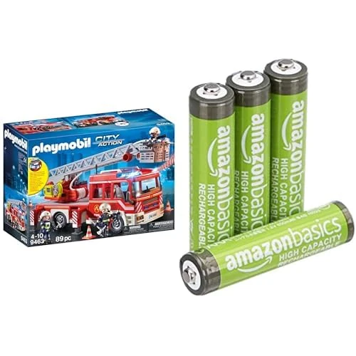 Playmobil Fire Ladder Unit, lights/sounds, 5+ years, 9463, & Amazon Basics AAA Rechargeable 4 pack, 850mAh