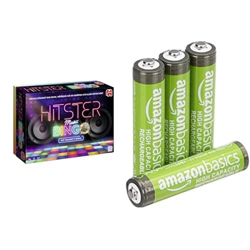 Hitster Bingo Music Board Game, 2-6 players, DE, 16+, & Amazon Basics AAA Rechargeable 4 pack, 850mAh