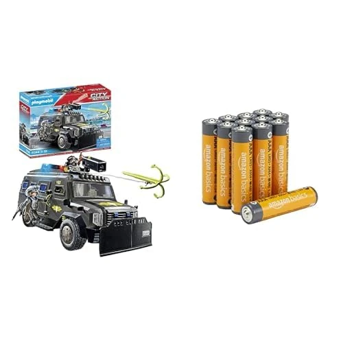 Playmobil Tactical Police 4x4, lights/sound, 5+ years, & Amazon Basics AAA Alkaline 12 pack, 10yr shelf