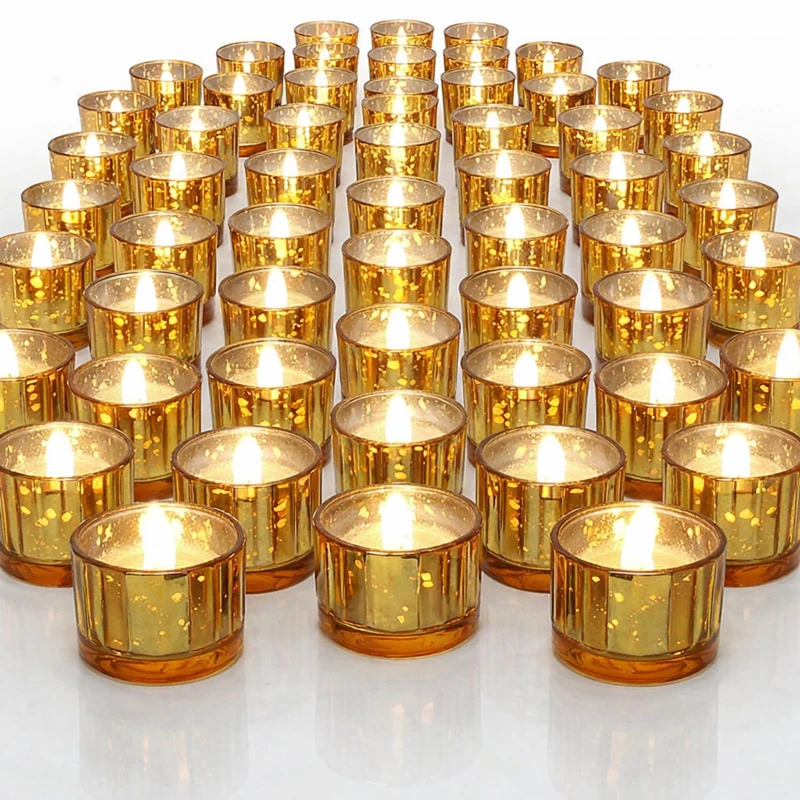 Mumufy 100 Pcs Glass Tealight Candle Holder Ribbed Votive Candle Holder for Centerpiece Wedding Proposal Spa Aromatherapy Meditation Home Decor (Gold)