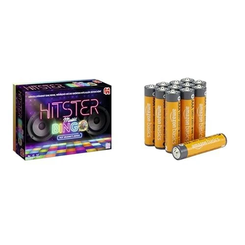 Hitster Bingo Music Board Game, 2-6 players, DE, 16+, & Amazon Basics AAA Alkaline 12 pack, 10yr shelf
