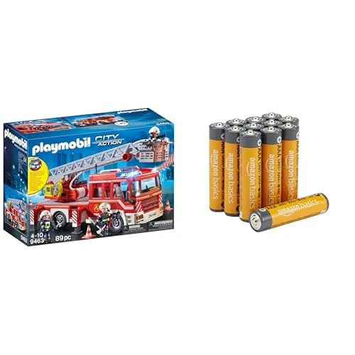 Playmobil Fire Ladder Unit, lights/sounds, 5+ years, 9463, & Amazon Basics AAA Alkaline 12 pack, 10yr shelf