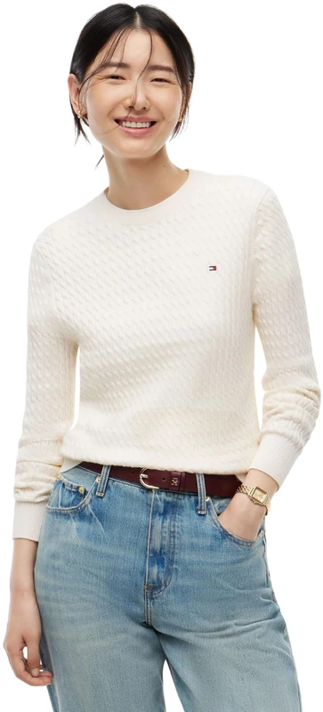 Tommy Hilfiger Women's, Co Cable C-Nk Ls Sweater Ww0Ww44993, Pullover Sweater, Ivory Petal, XL
