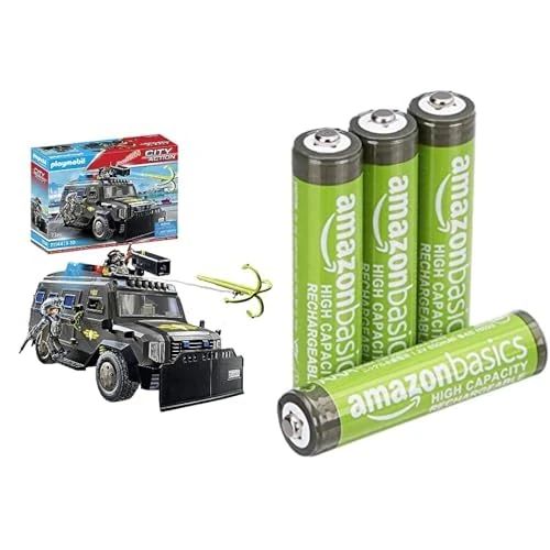 Playmobil Tactical Police 4x4, lights/sound, 5+ years, & Amazon Basics AAA Rechargeable 4 pack, 850mAh