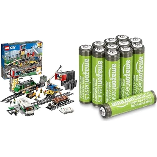 LEGO City RC Cargo Train, 32 tracks/signals, 6+ years, 60198, & Amazon Basics AAA Rechargeable 12 pack, 850mAh