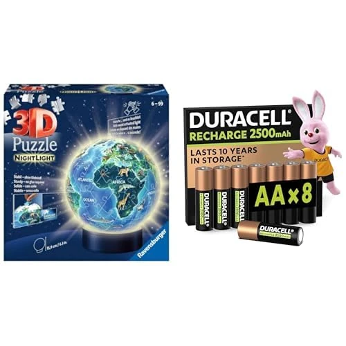 Ravensburger 3D Puzzle Ball Earth LED, 72 pieces, 6+ years, & Duracell AA Rechargeable 8 pack, 2500mAh