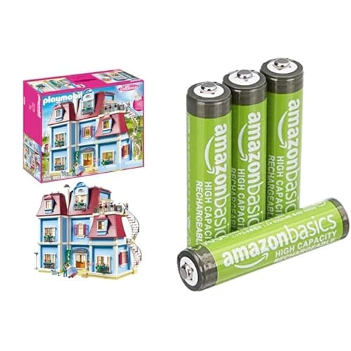Playmobil Dollhouse, working doorbell, 4+ years, 70205, & Amazon Basics AAA Rechargeable 4 pack, 850mAh