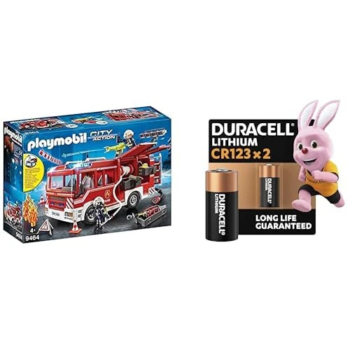 Playmobil Fire Engine, lights/sound, 4+ years, 9464, & Duracell CR123 Lithium 2 pack