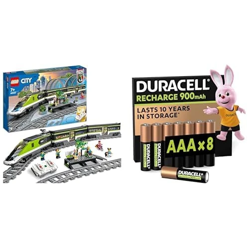 LEGO City RC Passenger Train, lights/24 tracks, 7+ years, 60337, & Duracell AAA Rechargeable 8 pack, 900mAh