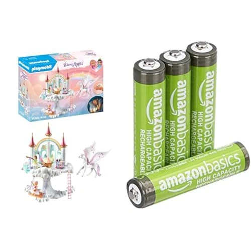 Playmobil Rainbow Castle, glowing flower/sound, 4+ years, & Amazon Basics AAA Rechargeable 4 pack, 850mAh