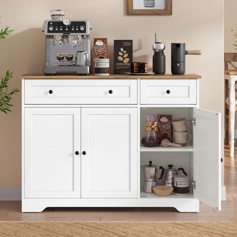 VASAGLE SIREN Collection - Storage Cabinet, Farmhouse Buffet Cabinet with 2 Drawers and Adjustable Shelves, 3 Doors, Sideboard, Coffee Bar, 40 x 107 x 80 cm, Cloud White LSC531WH01 - Image 1